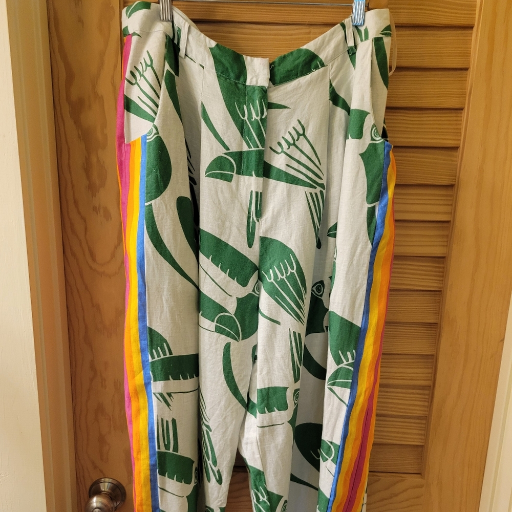 Farm Rio Green And White Toucan Print Pants with Rainbow Stripes On The Sides